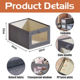 Ruucy 3 Pack Foldable Storage Box, Wardrobe Storage Boxes With Clear Window, Fabric Storage Basket, Clothes Organiser for Wardrobe, Shelves, Toys (44x30x20 cm, Grey)