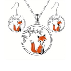 Fox Pendant Necklace and Earrings Set, Silver Tone with Orange Enamel, 18 Inches