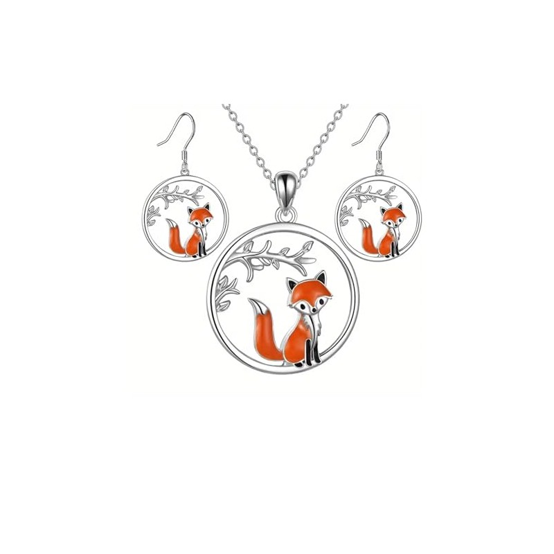 Fox Pendant Necklace and Earrings Set, Silver Tone with Orange