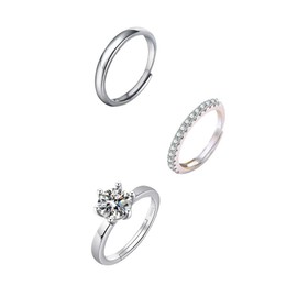3Pcs 925 Sterling Silver Ring Set, Adjustable Ring for Women, Cubic Zirconia Silver Rings, Stackable Open Thumb Rings for Womens Jewellery Birthday Gifts