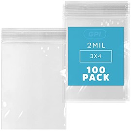 Clear Plastic RECLOSABLE Zip Bags - Bulk GPI Pack of 100 3" x 4" 2 mil Thick Strong & Durable Poly Baggies with Resealable Zip Top Lock for Travel, Storage, Packaging & Shipping.