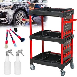 Car Wash Detail Trolley,3 Rolling Tier Car Beauty Auto Repair Tool Cart with 2 Pcs Side Hanging Plate,Hooks,Spray Bottles and Detailing Brushes,for Mechanics During Repairs Car Wash/Wax