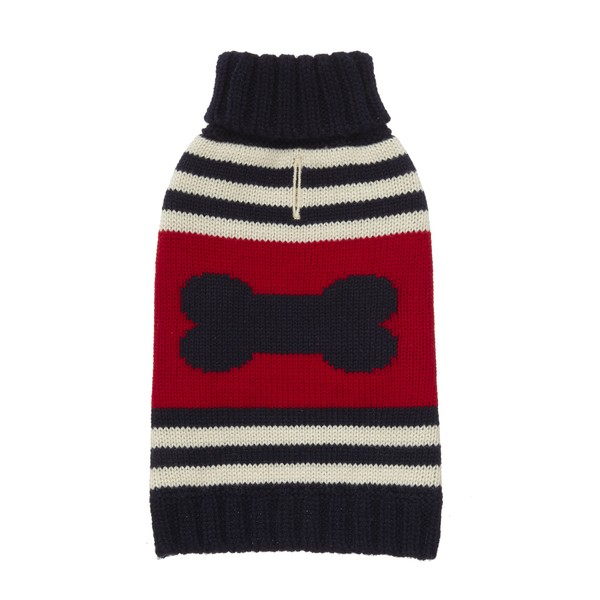 Fab Dog Knit Turtleneck Dog Sweater Striped Bone, Red/Navy, 8" Length