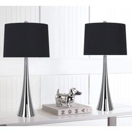 Grandview Gallery 29.5" Polished Nickel Mirrored Metal Table Lamp Set Featuring Tapered Curve Design and Black Silk-Like Drum Shades - Modern Lighting Perfect for Nightstands and End Tables (Set of 2)