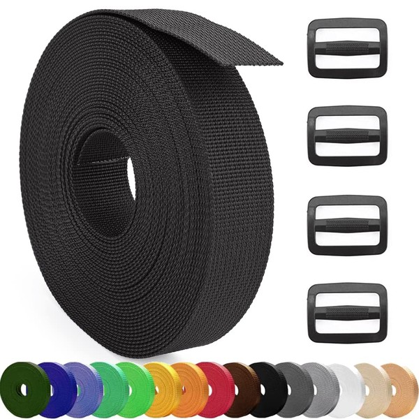 MOZETO 1 Inch Nylon Webbing Strap with Plastic Tri-Glide Slide Clips, 10 25 50 Yards Heavy Duty Nylon Strapping for Indoor or Outdoor Gear, DIY Crafting, Repairing