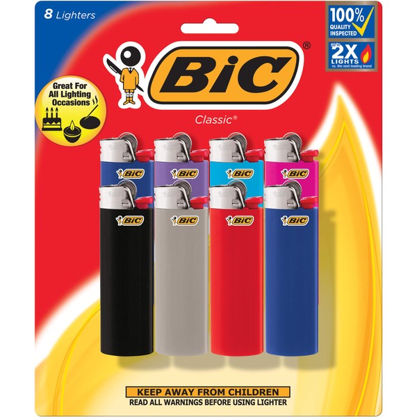BIC Classic Lighter, Assorted Colors, 8-Pack (Colors and Packaging May Vary)