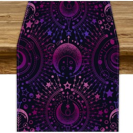 JanJCurt Magical Astrology Table Runner, Zodiac Witch Purple Pink Sun Moon Star Print Table Cover for Home Dining Kitchen Table Picnic Party Indoor Outdoor, 13x36inch