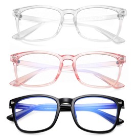 AZorb 3Pack Blue Light Blocking Glasses for Kids Unbreakable Computer Screen Glasses for Boys & Girls - 3 Pack(Transparent Pink+Transparent+Black)