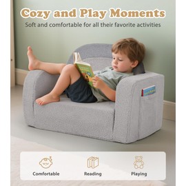 Foryoomi Kids Couch, 2-in-1 Soft Toddler Couch Fold Out with Blanket, Comfy Toddler Chair, Convertible Sofa, Gifts for Kids Girl Boys, Medium Grey Rainbow