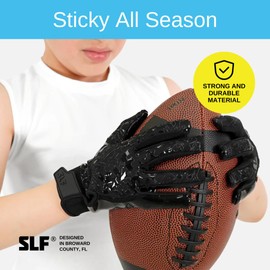 SLEEFS Kids Youth Football Gloves for Boys and Girls, Black Sticky Receiver Flag Football Gloves for Kids 5 to 12, Stretch Fit, No Slip, Perfect Grip, Machine Washable