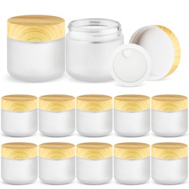 DMuuuDM 12 Pcs 2 Oz Frosted Glass Jar,Empty Refillable Glass Cosmetic Container Jars Holder with Inner liner,Plastic Lid for moisturizer,Foundation,Body Butter Oil,Ointment,Spices (White)