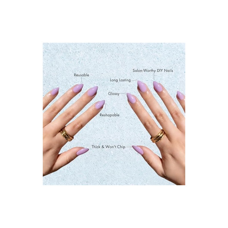 Uñas postizas cortas color almendra y lila, uñas acrílicas puntiagudas