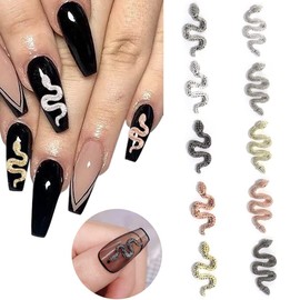 3D Alloy Snake Nail Charms 10pcs 5 Colors Snake Punk Design Rhinestones Nail Art Designer Gold/Silver/Rose Gold Nail Charm Snake Jewelry Metal Manicure DIY Luxury Nail Accessories