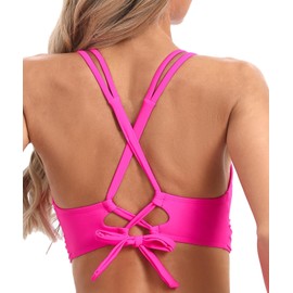 Vogueric Womens Twist Front V Neck Bikini Top Push Up Padded Swim Top Swimsuit Lace Up Criss Cross Back Bathing Suits Tops Hot Pink Small
