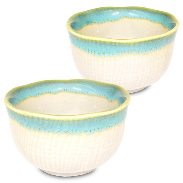 Mino Ware Traditional Japanese Yunomi Tea Cups, Mini Matcha Bowl, White HISUI Design, 2.7 fl oz Set of 2