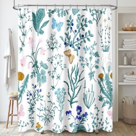 MAYZUS Extra Long Shower Curtain 72 x 84 Inch, Tall Teal Floral Fabric Shower Curtain, Cute Botanical Herbs Flower Butterfly Aesthetic Bathroom Shower Curtain Set with Hooks