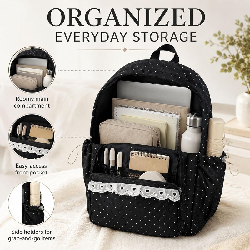 Polka Dot Backpack, Cute Lace Daypack for School Travel