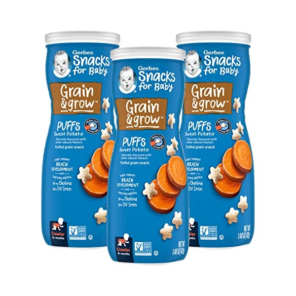 Gerber Snacks for Baby Grain & Grow Puffs, Sweet Potato, Puffed Grain Snack for Crawlers, Non-GMO & Baby Led Friendly, 1.48-Ounce Canister (Pack of 3)