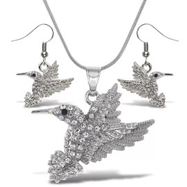 Aqua79 Sparkling Hummingbird Silver Dangle Earrings and Necklace Jewelry Set
