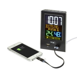 TFA Dostmann Charge-IT digitaler Funk-Wecker, 60.2537.01, mit USB-Ladefunktion, Raumklima, mit Kurzschlaftimer, schwarz, L 95 x B 61 x H 133 mm