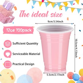 Sabary 100 Pack 12oz Plastic Cups Graduation Heavy Duty Drinking Disposable Cups with Lines for Beverage Holiday Camping Barbecues Birthday Party Outdoor Picnic(Light Pink)