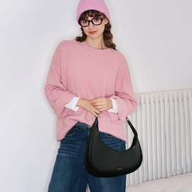 Keyli Shoulder Bag Polene Bags for Women Fashionable Casual Vegan Leather Zip Top-Handle Handbags Quilted Crescent Hobo Purse Black