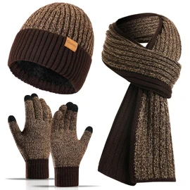 floconssy 3 PCS Men's Winter Hat Scarf Gloves Set, Warm Knit Beanie Thermal Long Scarf fleece lined Touchscreen Gloves for Cold Weather Brown