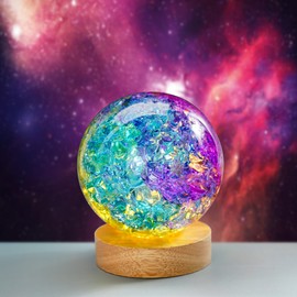 LOULIQIGIFT Colorful Cracked Crystal Ball Night Light Decorative 100mm Glass Ice Spheres with Wooden Light Base Meditation Fengshui Accessories Decor for Home Room Office