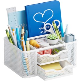 Marbrasse Mesh Desk Organizer, Pen Organizer with 2 Drawer, Multi-Functional Pencil Holder for Desk, Desk Organizers and Accessories with 5 Compartments + Drawer for Office Art Supplies (White)