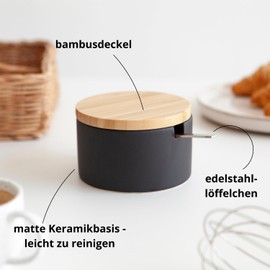 KOOK TIME Ceramic Sugar Bowl with Spoon and Lid Made of Bamboo - Sugar Spoon for Home and Kitchen, Modern Ball Shape, for Sugar, Cheese, Spices, 12.5 x 10 x 6.5 cm, Black