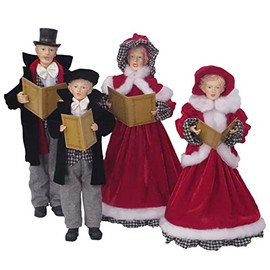 Set of 4 Black and Red Victorian Houndstooth Carolers Christmas Figures 17.5"