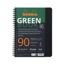 Rhodia Rhodiactive Greenbook 119915C Spiral Notebook, Ruled, DIN A5+, 16 x 21 cm, 80 Sheets, Micro-Perforated, 4-Hole Punched, 100% Recycled Paper, 90, Black, Pack of 1