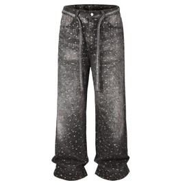 Mens Rhinestone Jeans Vintage Baggy Sparkly Pearl Bling Jeans Chic Wide Leg Denim Pants Womens Y2K Grunge Clothes (US, Alpha, XX-Large, Regular, Regular, Black)