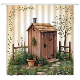 NYCCSM Outhouse Shower Curtain Vintage Primitive Country Backhouse Rustic Farmhouse Grass Garden Yard Fabric Bathroom Decor Sets with Hooks