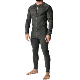 Muscle Alive Mens Long Sleeve Onesie Henley Jumpsuit Stretchy Cotton Ramper Dark Grey L