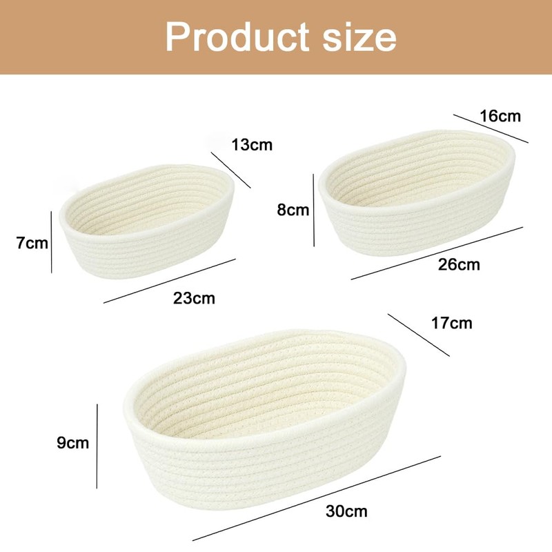3-Pack Woven Storage Baskets, Cotton Rope Baskets, Oval Small Storage