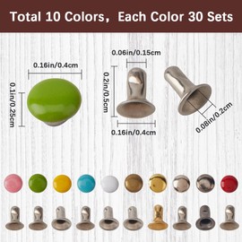 GORGECRAFT 1 Box 300Pcs 10 Colors Mini Rivet Studs Leather Rivets 4mm/0.16 inches Brass Double Caps Leathercraft Rivet Tubular Metal Studs for Doll Clothes Sewing Purse Making Clothing Crafts