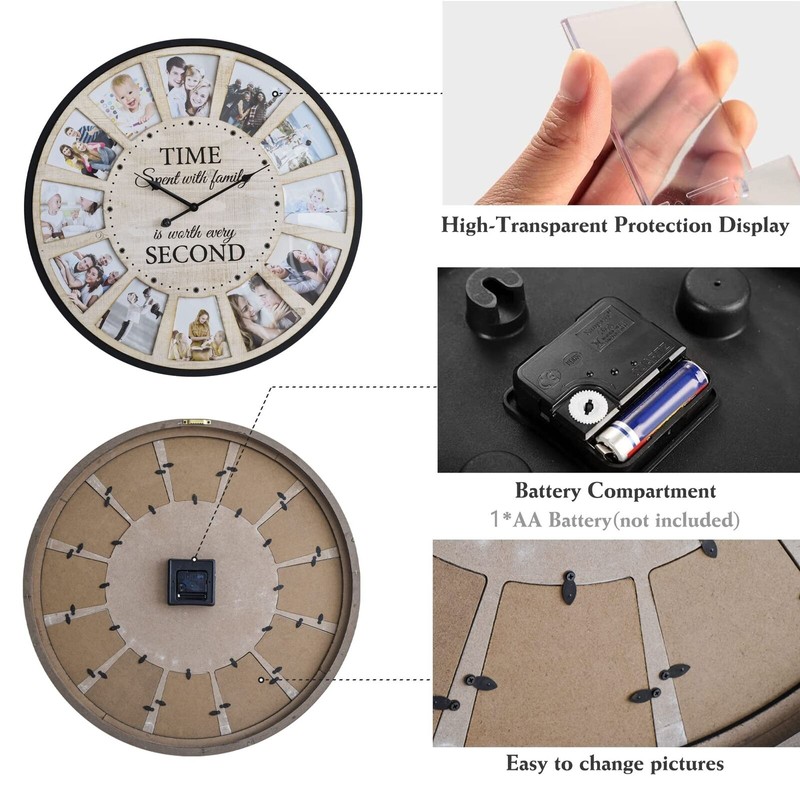 JUMBO HUMBLE 12 Photo Collage Rustic Farmhouse Wood Wall Clock,