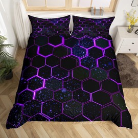 Black Purple Honeycomb Duvet Cover Neon Hexagon Comforter Cover Geometric Beehive Single Bedding Sets for Girls,Abstract Line Art Bed Set Modern Geometry Room Decor