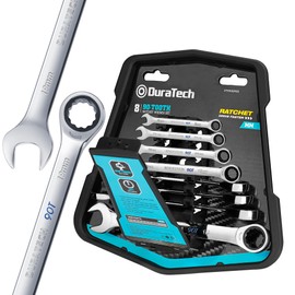 DURATECH 90-Tooth Ratcheting Wrench Set, Combination Wrench Set, 8-Piece, Metric, 8, 10, 12, 13, 14, 15, 17, 19mm, CR-V Steel, Organized in Wrench Rack