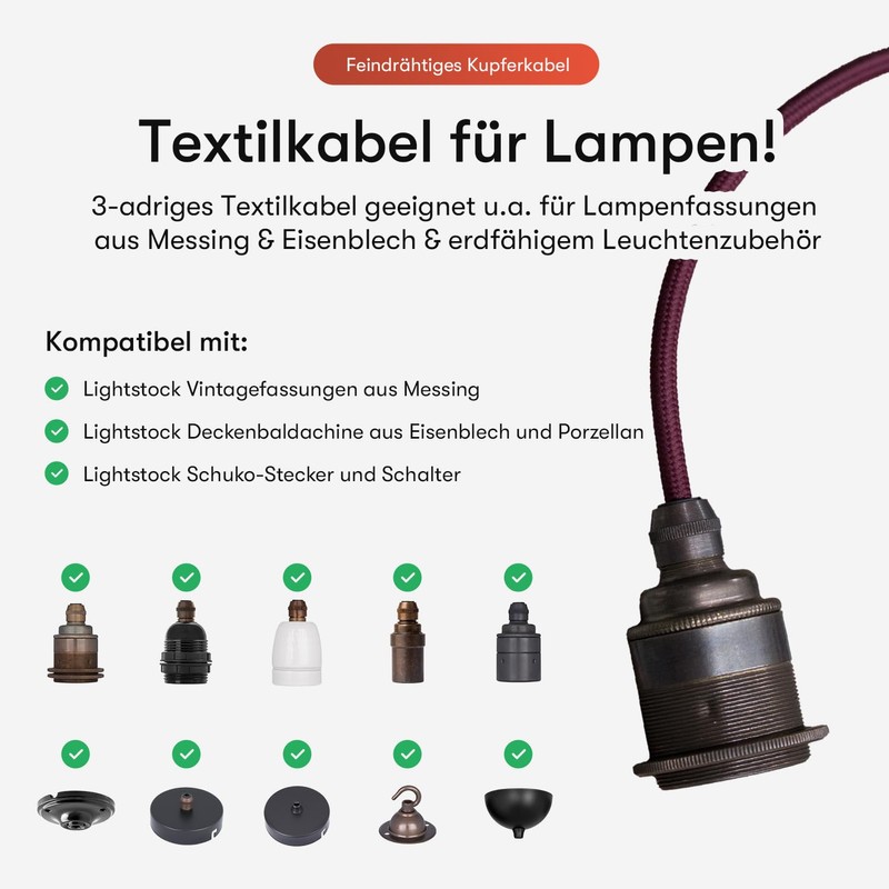Textile Cable for Lamps, Textile-Coated Round Cable, Three-Core, 3 x