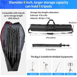 HEMMOTOP Tripod Bag, 47x8.3x8.3 in All Padded Tripod Carrying Case with Shoulder Straps and Handles, Heavy Duty Light Stand Bag with Two Zippered Pockets for Pool Cue, Speaker Stand, Mic Stand