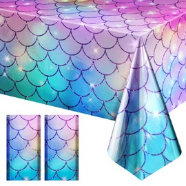 Just Shimmer 2 Pack Mermaid Tablecloth, 54x 108” Blue & Purple Disposable Table Cover, Fish Scale Design, Plastic Party Decoration for Under The Sea, Princess, Baby Shower, Kids Birthday