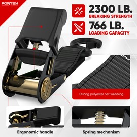 FORTEM Ratchet Straps, 2300lb Break Strength, 4 15ft Tie Down Strap Set, 4 Soft Loops, Motorcycle Straps Tie Downs, Cargo Straps for Trucks, Rubber Handles, S-Clips, Coated Metal Hooks, (Black)