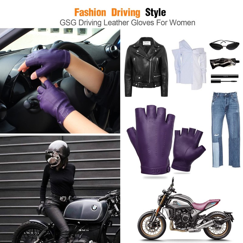 GSG Women Fingerless Driving Gloves Geniune Leather Biker Gloves Unlined