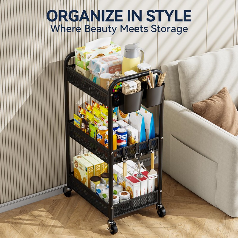 YASONIC 3 Tier Rolling Cart – Metal Utility Storage Cart