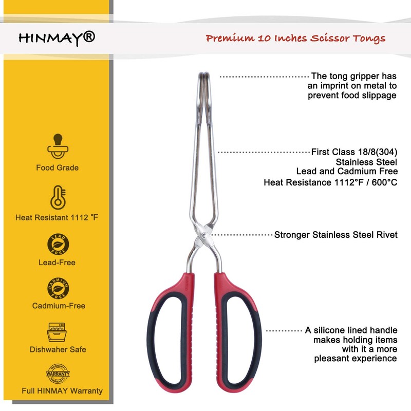 HINMAY Stainless Steel Scissor Tongs with Comfort-Grip Handle 10-Inch