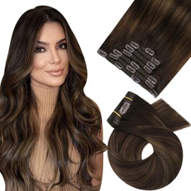 Moresoo Clip in Hair Extensions Human Hair Ombre 20 Inch Real Hair Extensions for Women Clip in Platinum Darkest Brown Mixed with Chestnut Brown Human Hair Extensions Clip in Double Weft Remy 7Pcs 120G
