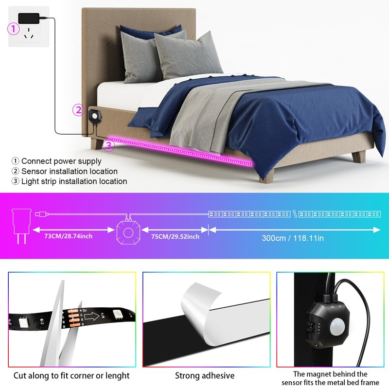 Motion Sensor Under Bed Lights,9.84FT Motion Sensor Strip Lights with