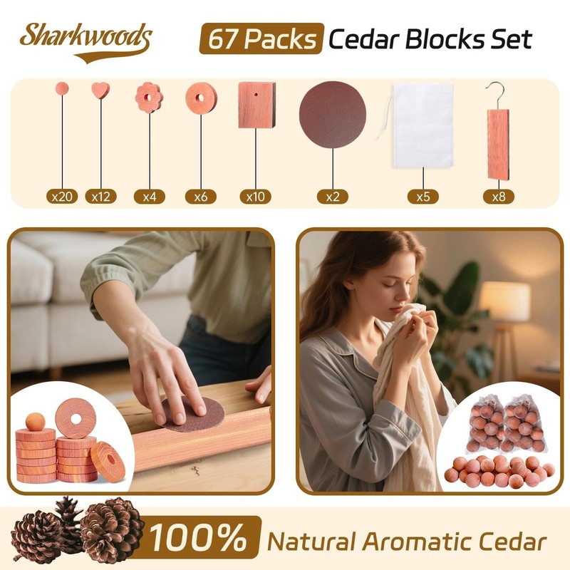Cedar Blocks for Clothes Storage 67 Pack, Cedar Chips, Cedar